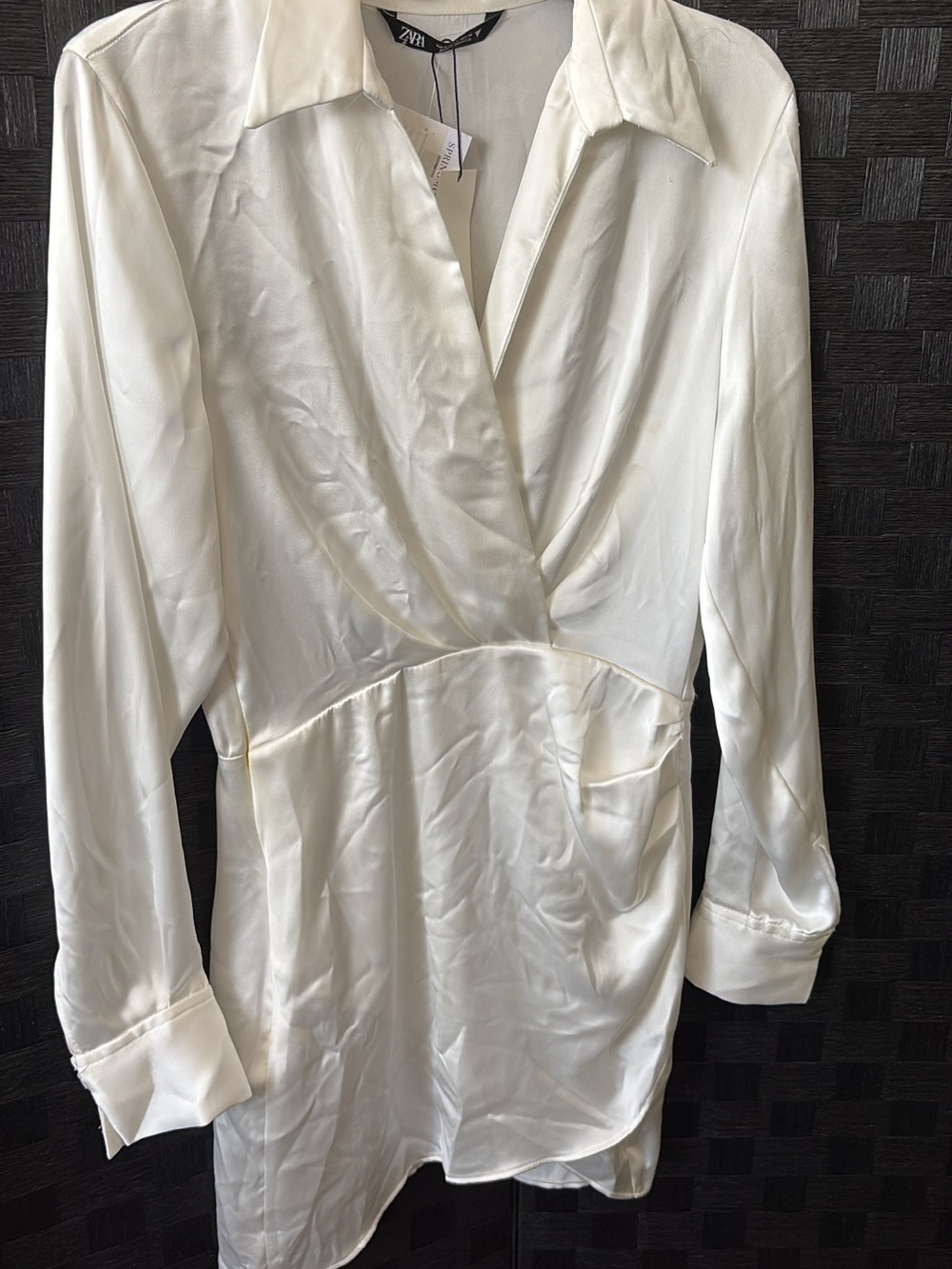 Zara Satin Wrap Shirt Dress - Cream - Picture 2 of 3